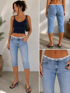 BCBG Max Azria Y2K Frayed Waist Capri Jeans Low Rise Light Wash Denim Size 5/6
